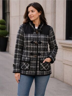 Billabong Black and Gray Plaid Wool Toggle Jacket Size M Fall Casual Winter